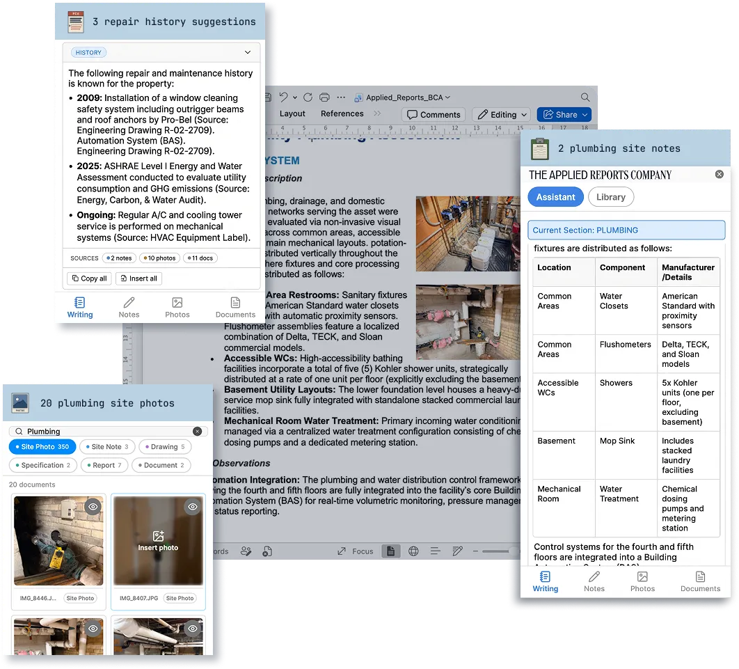 Otto in Microsoft Word showing site photos, notes, and writing suggestions